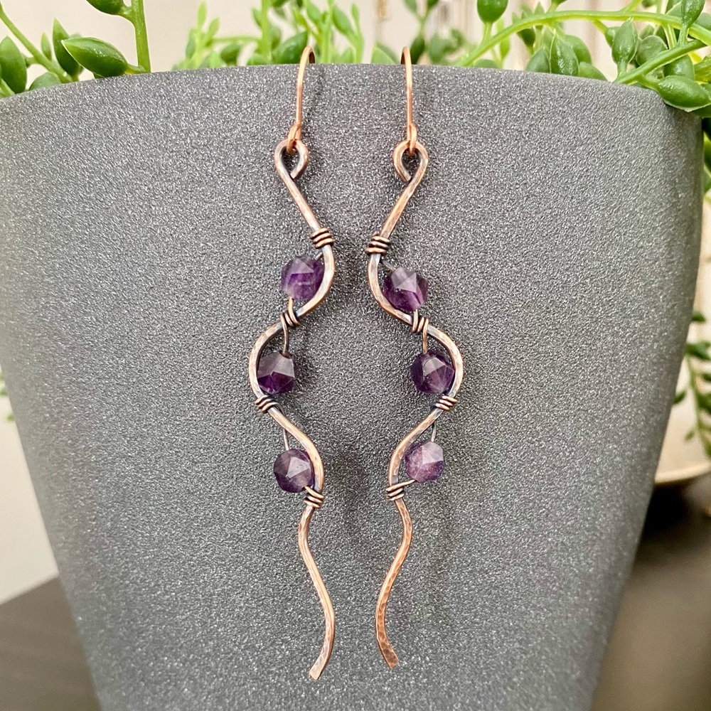 Handcrafted Amethyst Hammered Copper Earrings